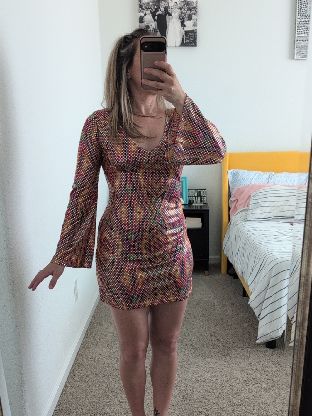 California Costume 70s Go Go Dancer Sequin Tie Dye Psychedelic Print Mini Dress